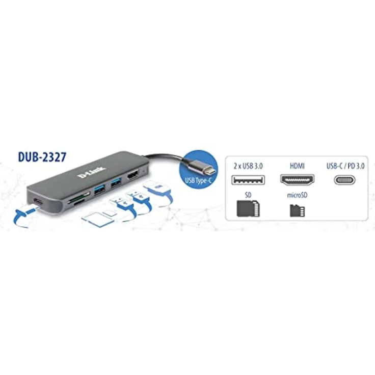 D-Link DUB-2327 6-in-1 USB-C Hub mit Power Delivery (PD 60W, 4K HDMI, 2 USB 3.0 Ports, SD/MicroSD Card Reader für PC, MacBook Pro, MacBook Air, iPad Pro, Chromebook, Surface Pro u.w.) – Bild 3