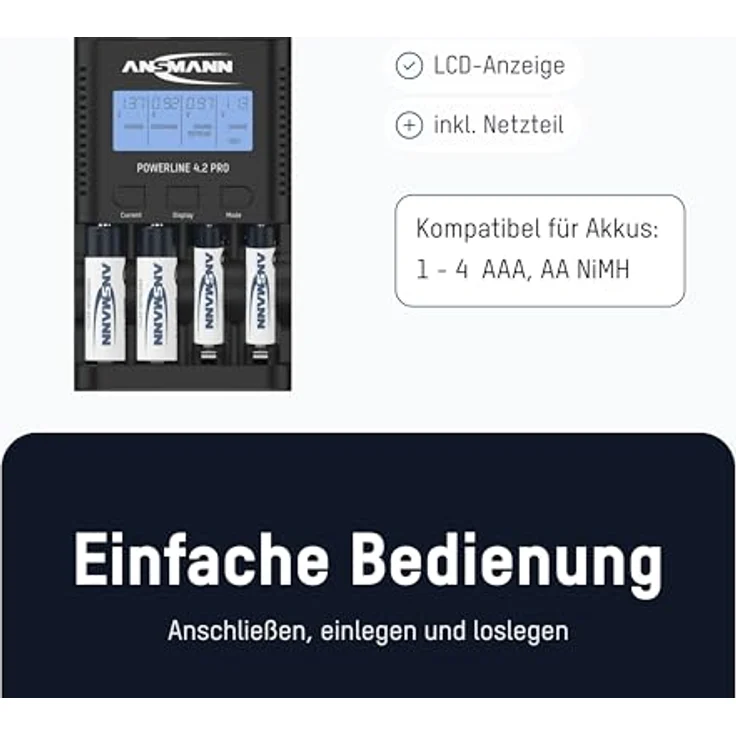 ANSMANN Batterieladegerät für 4X AA-AAA NiMH Akkus - Ladegerät mit 5 Ladeprogrammen: Laden, Entladen, Testen, Refresh, Schnellladen + USB-Lader - Powerline 4.2 Pro Akku-Ladegerät – Bild 3