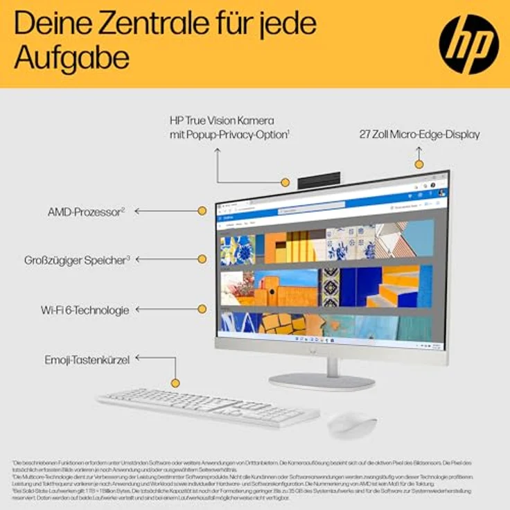 HP All-in-One Desktop-PC | 27" FHD Display | AMD Ryzen™ 7 7730U | 16 GB DDR4 RAM | 1 TB SSD | AMD Radeon™-Grafikeinheit | Windows 11 Home | Weiß – Bild 2