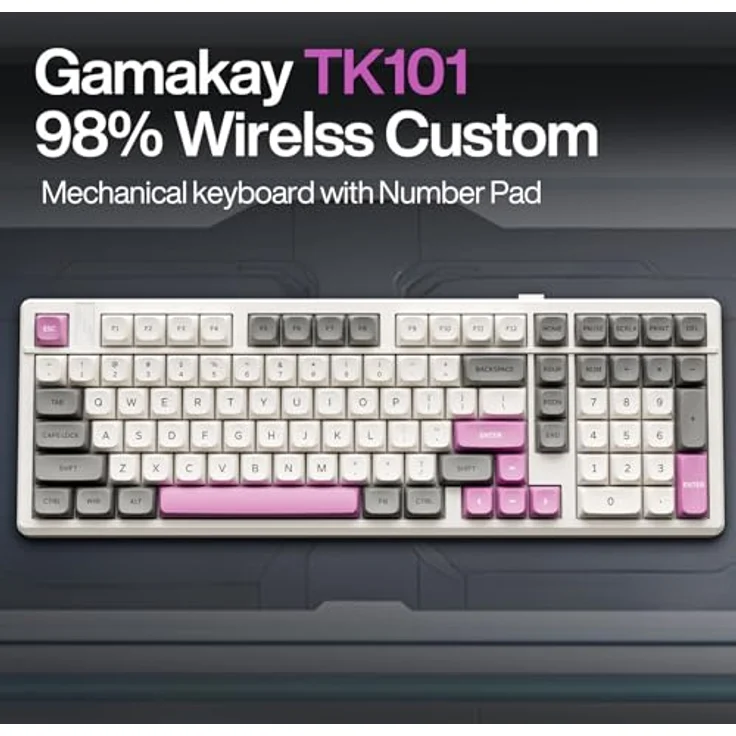 GK GAMAKAY TK101 98% Mechanische Gaming Tastatur mit Nummernpad Hot-Swap-fähig Bluetooth/2.4GHz/Wired RGB PBT Tastenkappen 101 Keys Gasket Gaming Tastatur (Weiß&Grau, Pluto Switch) – Bild 2