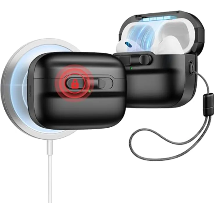 ESR AirPods Pro Hülle Pulse Serie mit HaloLock, MagSafe Ready, Magnetische Deckelverriegelung, Sturzschutz mit Trageband, Schwarz