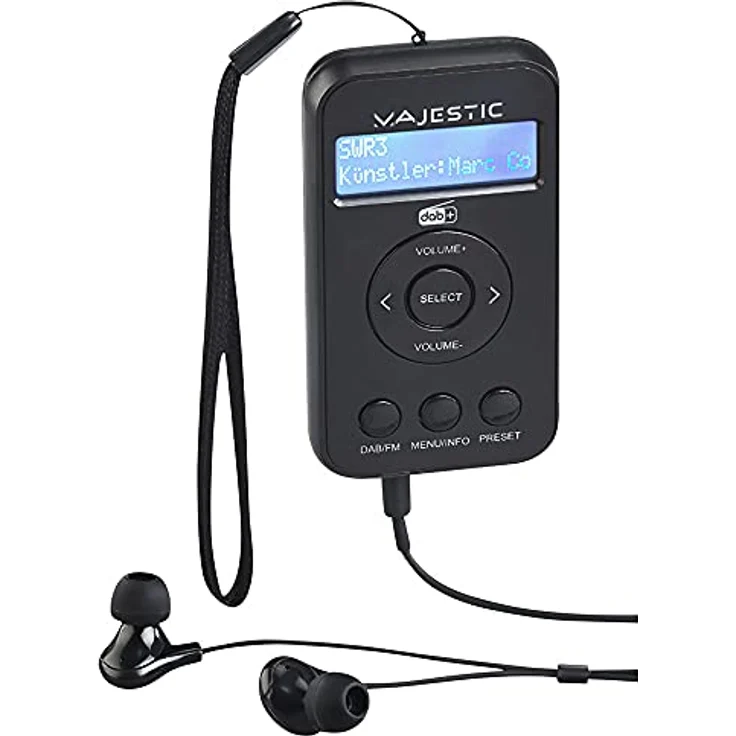 Majestic RT 196 DAB, tragbares DAB/DAB+/FM-Radio mit LCD-Display, wiederaufladbarem Akku, Kopfhörerausgang und Trageriemen, Schwarz – Bild 1