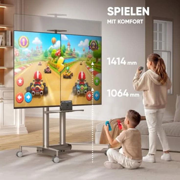 ONKRON TS1571-C, mobiler TV Ständer rollbar für 32-75" Fernseher bis 50 kg, höhenverstellbar, inkl. Ablage und Kabelmanagement, Champagner – Bild 3