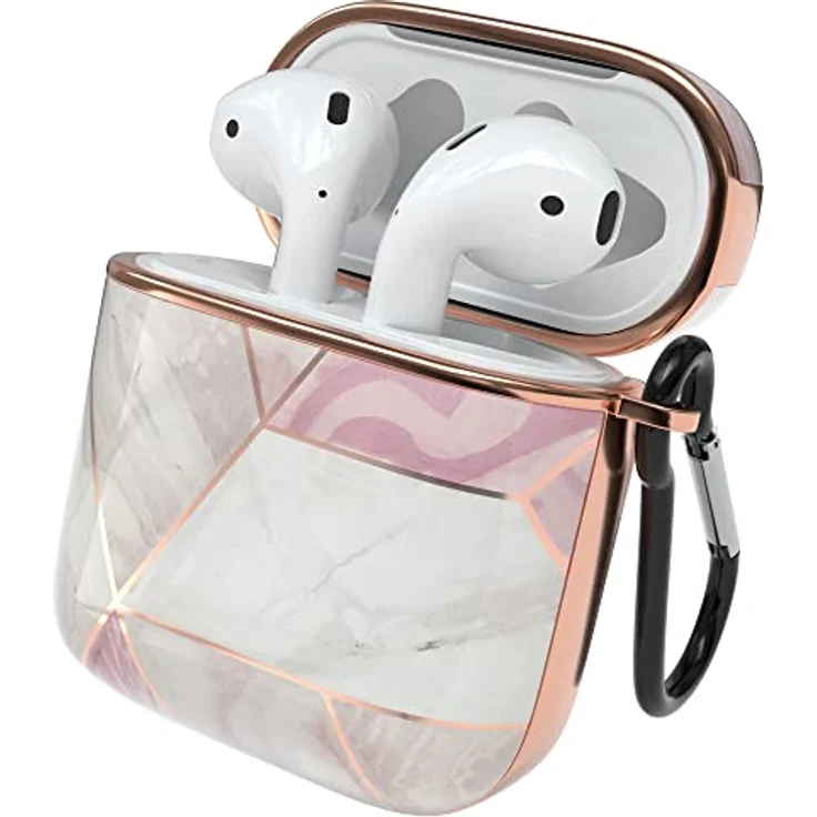 EAZY CASE Schutzhülle für AirPods 1 & 2 Hülle Pink Hard Case Stoßfest mit Karabiner rutschfest Rosé Marmor Design – Bild 1