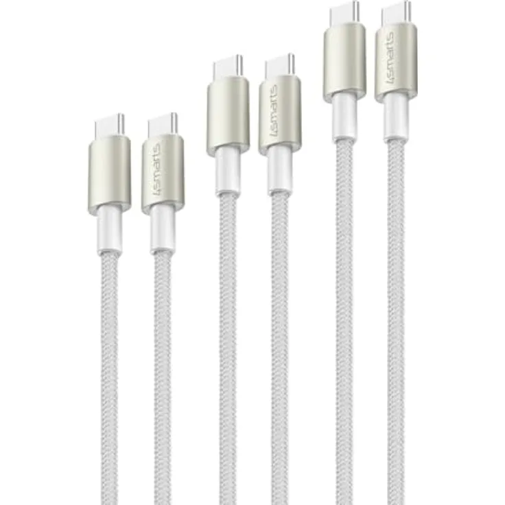 4Smarts USB-C auf Kabel PremiumCord 60W 3er Set, 0.5m, 1.5m, 3m, weiß, robust und langlebig, unterstützt schnelles Laden und Datenübertragung