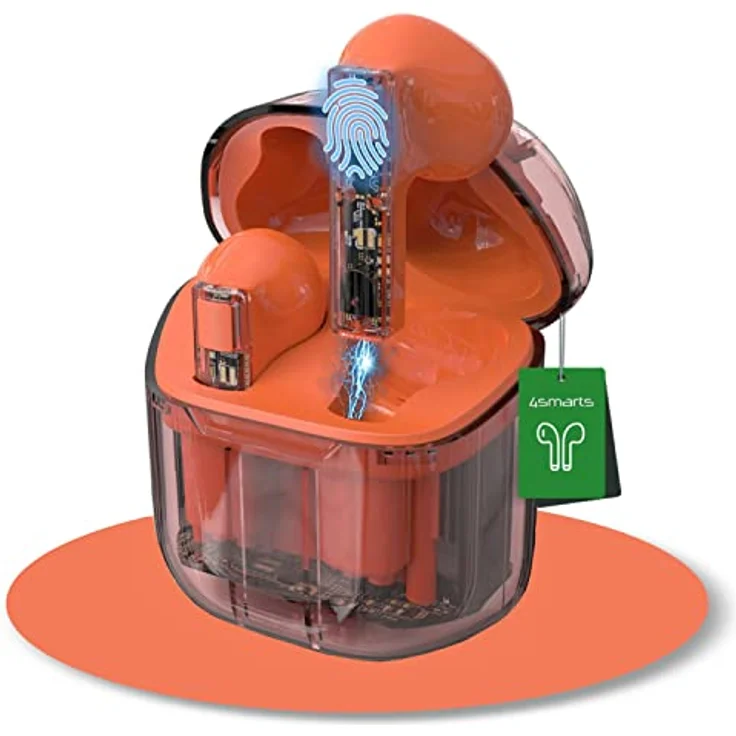 4smarts In Ear Kopfhörer Bluetooth [Orange Transparent] - Bluetooth Kopfhörer 5.3 mit Noise Cancelling ENC u. HD Bass Mikrofon - True Wireless Kabellose Kopfhörer in Ear (25 h) - SkyBuds Lucid – Bild 1