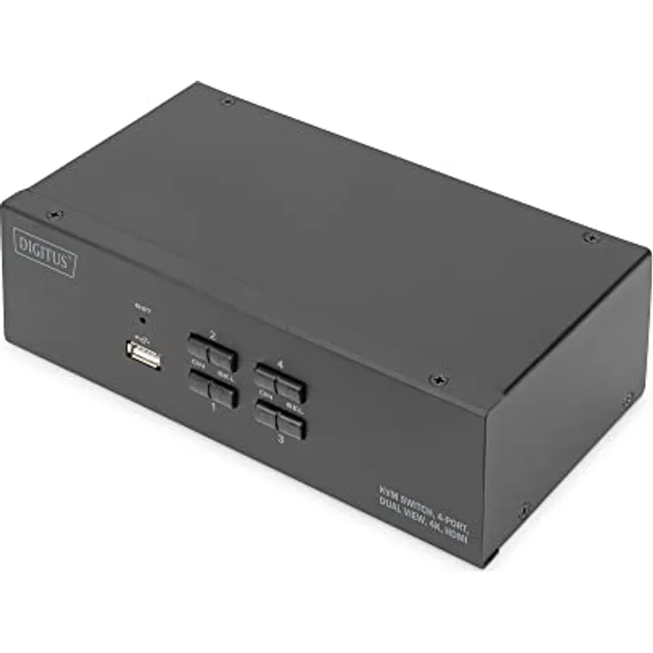 DIGITUS KVM-Switch HDMI – 4-Port Dual-Display – 4 PC 2 Monitore – 1x Maus, Tastatur & Audio für 4 Computer – UHD 4K@30Hz (3840 x 2160p) – Hot-Key KVM Umschalter – 1x USB 2.0 Hub – Schwarz