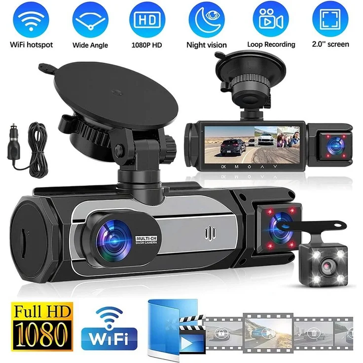 COOAU 3-Kanal Dashcam 1080P, Full HD Dash Kamera mit 150° Weitwinkel, 3,16" IPS Display, WiFi, Super Nachtsicht & WDR