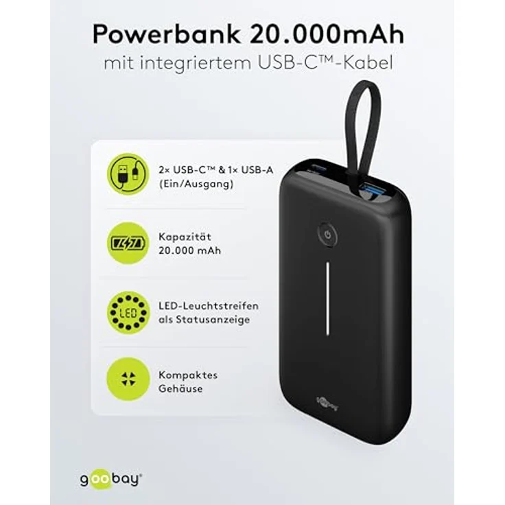 goobay Powerbank 20.000 mAh, 30 Watt mit integriertem USB-C Kabel, Quick Charge/Power Delivery, USB-C und USB-A, kompatibel mit Samsung, Xiaomi, Lenovo, Huawei, Apple iPhone und iPad / 76252 – Bild 2