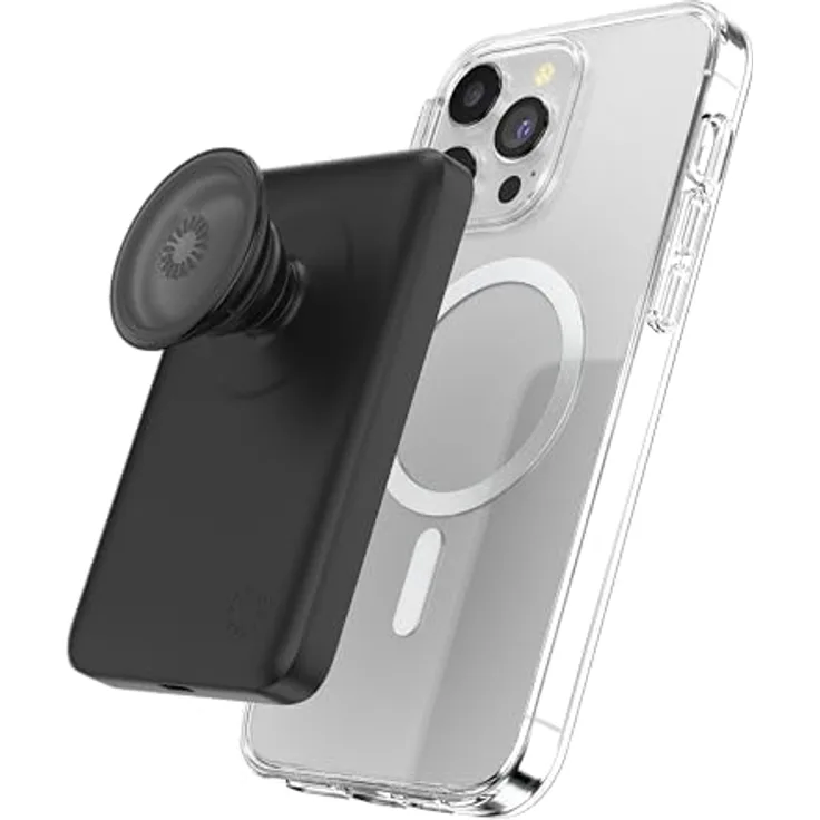 PopSockets Magnetische Kabellose Powerbank MagSafe 5000mAh, Schwarz - Ultraschnelles Aufladen, 7,5W für iOS, 15W für Android, PopGrip Halterung