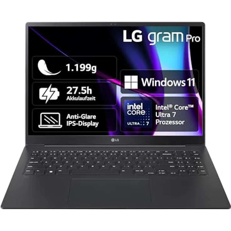 LG Gram Pro 16 2024 16Z90SP-G.AD7BG 16 Zoll Notebook - 1199g Intel Core Ultra7 Laptop (32GB RAM, 2TB Dual SSD, 24,5h Akkulaufzeit, IPS Panel Anti-Glare Display, Win 11 Home) - Schwarz
