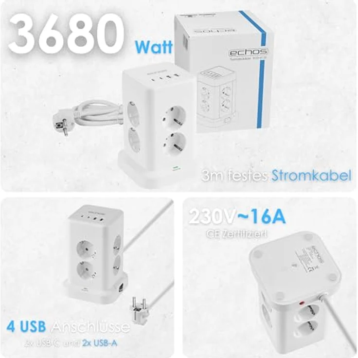 Echos 12-in-1 Steckdosenturm mit 3M Kabel, 8-fach Mehrfachsteckdose mit 2 USB-A und 2 USB-C Anschlüssen, integrierter Schalter, Überspannungsschutz, kompakt und platzsparend – Bild 5