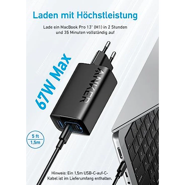 Anker USB C Ladegerät 67W, Anker 335 Netzteil mit PIQ 3.0, 3-Port Schnellladegerät, Für iPhone 16/15/14/13/12 Serie, MacBook Pro, iPad, Galaxy, Pixel – Bild 2