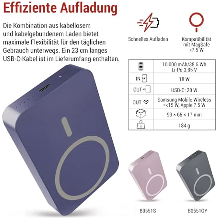 EMOS Powerbank 10 000 mAh WI 1046 mit Magnet - magnetischer externer Akku mit Passthrough und Wireless-Charging - USB-C-Ausgang inkl. USB-Datenkabel - blau – Bild 2