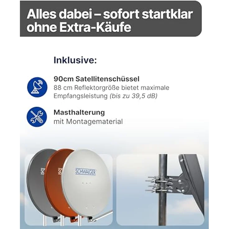 SCHWAIGER Satellitenschüssel Ø 90 cm Aluminium Offset Antenne, anthrazit, wetterfest, Multifeed geeignet, maximale Empfangsleistung 39,5 dB, inklusive LNB Tragarm und Masthalterung – Bild 3