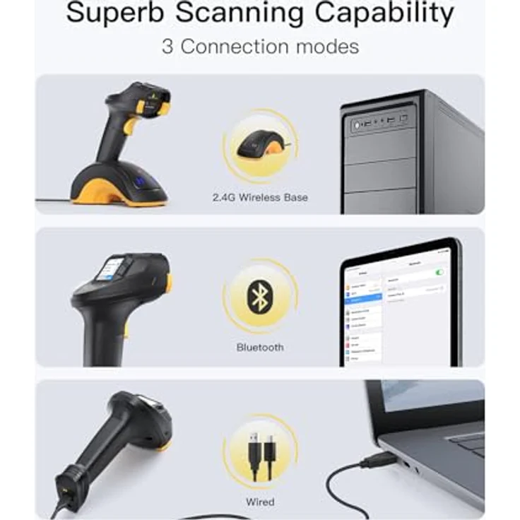 Inateck Barcodescanner Pro8, Handscanner mit Datenübertragungsstation für 1D- und 2D-Barcodes, Schwarz – Bild 4