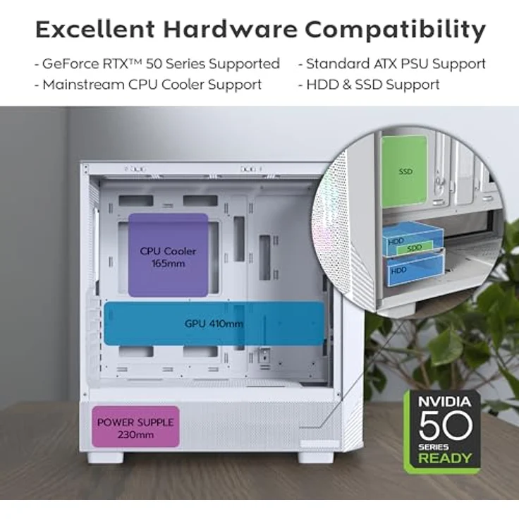 Montech X5 Midi-Tower PC-Gehäuse für E-ATX, ARGB-Beleuchtung, Tempered Glass, weiß, vorinstallierte 3x 140mm und 1x 120mm Lüfter – Bild 5
