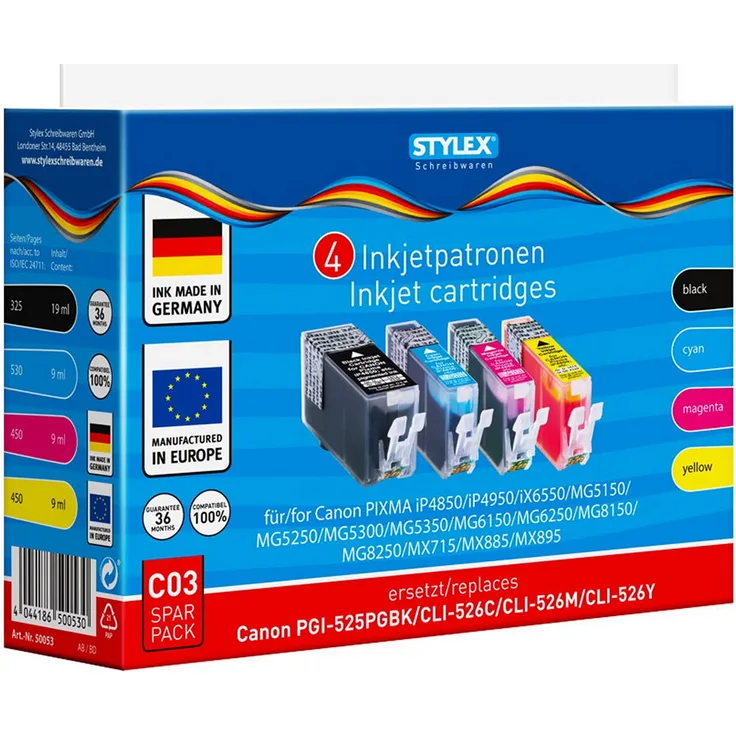 Stylex Schreibwaren Druckerpatronen für Canon Pixma iP4850/iP4950/iX6550/MG5150/MG5250, Nachfülltinte in schwarz (19ml), blau (9ml), magenta (9ml), gelb (9ml)