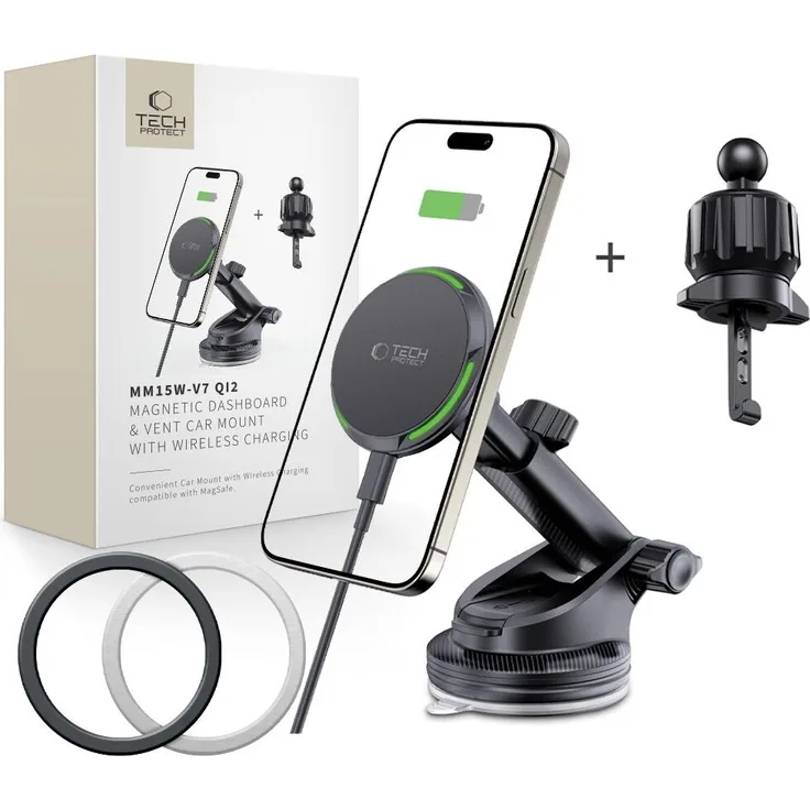 Tech-Protect MM15W-V7, Qi2 Magnetische MagSafe Armaturenbrett- und Lüftungshalterung, Kabelloses Ladegerät 15 W, Schwarz