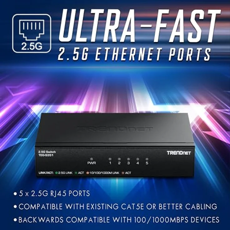 Trendnet TEG-S351 5-Port 2.5G Switch Netzwerk-Switch mit 25 Gbit/s Switching-Kapazität, lüfterlosem Design und wandmontierbarer Installation – Bild 7