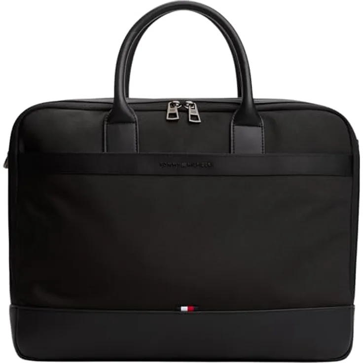 Tommy Hilfiger TH NYLON TRAVEL COMPUTER BAG, schwarze Laptoptasche mit abnehmbarem Schulterriemen und Reißverschlussfächern für Geschäftsreisen