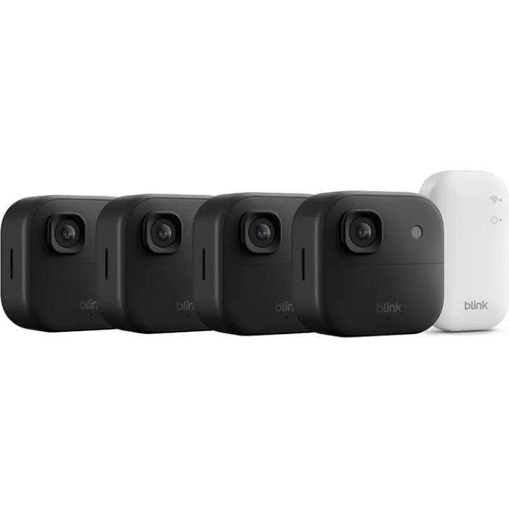 Blink Outdoor 4, 2K+ WLAN Überwachungskamera, kabellos, 4er-Set, schwarz, mit Zwei-Wege-Audio und Nachtsicht