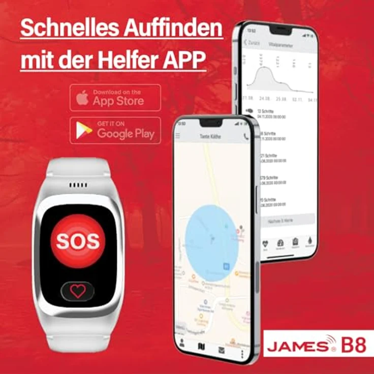 James B8 (Weiss) Notruf- und Sicherheitsuhr für Senioren, Sturzerkennung, Notruf-Knopf & GPS-Ortung, Gesundheitsfunktionen, Familien-App + Inklusive SIM Karte & Monatstarif – Bild 4