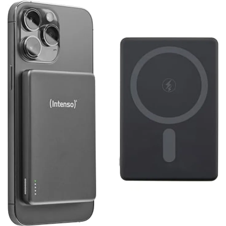 Intenso MW5000 Magnetische Powerbank 5000 mAh – MagSafe kompatibel, Wireless Charging 15W, USB-C PD 20W, kompakt und flach – Grau