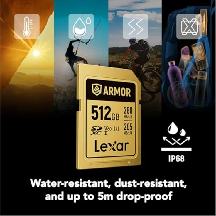 Lexar SDXC Pro Gold Series ARMOR UHS-II V60, 512 GB Speicherkarte mit Edelstahlkern, IP68, 280 MB/s Lesegeschwindigkeit, wasserdicht und stoßfest – Bild 4