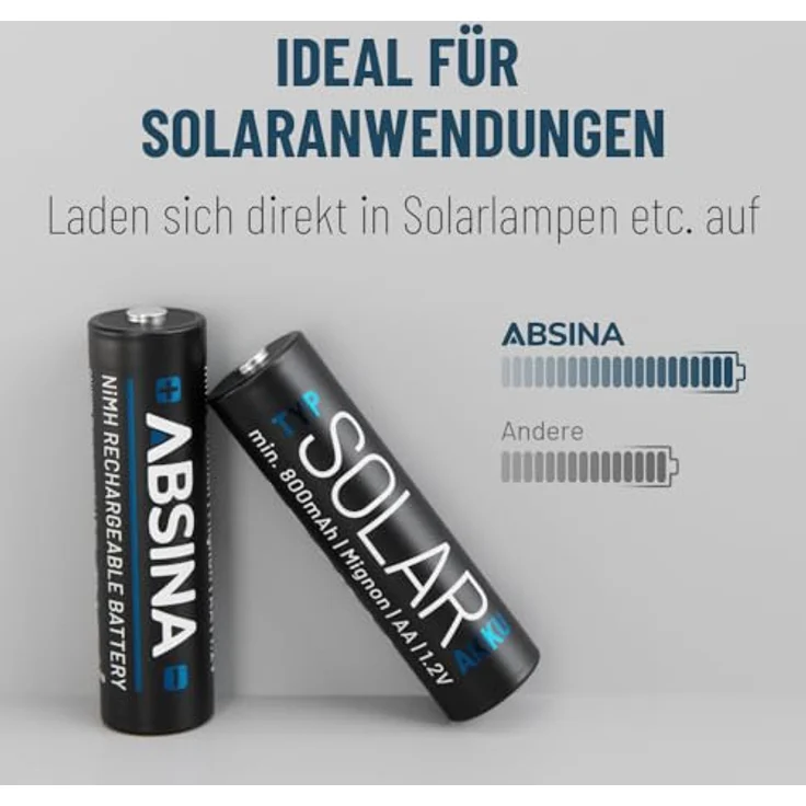 ABSINA 4X Solar Akku AA wiederaufladbar 800mAh 1.2V NiMH - Mignon AA Solar Batterien mit geringer Selbstentladung - Akku Solar Batterie, Akkus für Solarlampen – Bild 5