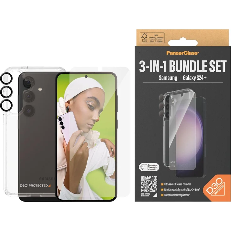 PanzerGlass Bundle Ultra Wide Fit Glass + Case + Lens für Samsung Galaxy S24+, 3-in-1 Smartphone Schutzpaket, transparent