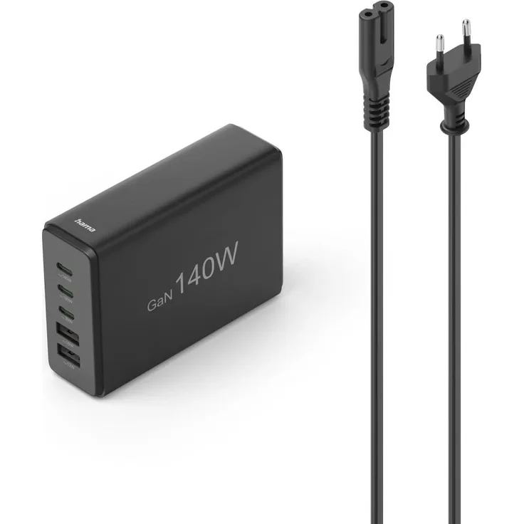 Hama Ladestation 5 Ports, GaN Schnellladegerät mit 3xUSB-C und 2xUSB-A, PD, 140 W, schwarz