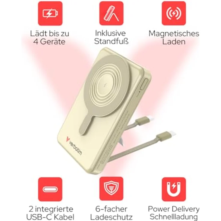 Verbatim Charge 'n' Go MagSafe Powerbank 10000mAh [Gold], 15W magnetisch, PD 22,5W Schnellladung, LED-Anzeige, klappbarer Ständer, inkl. 2 USB-C Kabel für iPhone 17/16/15/14/13/12 Pro – Bild 2