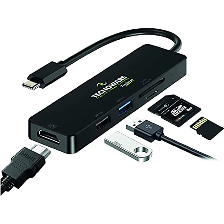 Tecnoware Hub USB Type-C, Adapter 5 in 1, kompatibel mit Notebook und den meisten Tablets und Smartphones. 5 Ports: USB 2.0 und 3.0, HDMI 4K, Card Slot SDXC, Mikro-SD