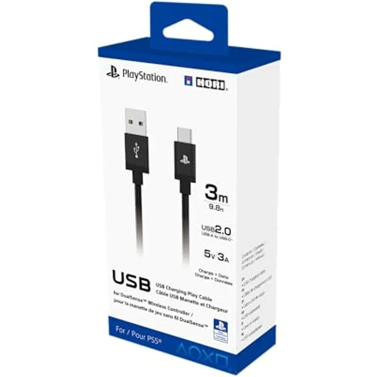 Hori Dual Sense Ladekabel für PS5, 3 Meter USB-C zu USB Typ A, ummantelt, offiziell lizenziert von Sony, schwarz