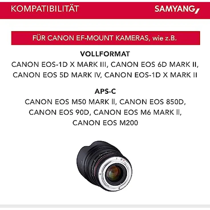 Samyang 50-1,5 Objektiv Video DSLR Canon EF manueller Fokus Videoobjektiv 0,8 Zahnkranz Gear, Porträtobjektiv schwarz – Bild 6