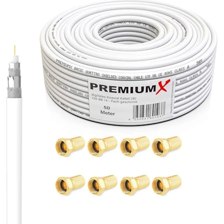 Premium X Satelliten-Komplettanlage 80cm, Aluminium Satellitenschüssel mit Quad LNB, FULLHD, 3DTV, UltraHD 4K/8K, inklusive 50m Kabel und 45cm Wandhalterung, bis 4 Teilnehmer – Bild 5