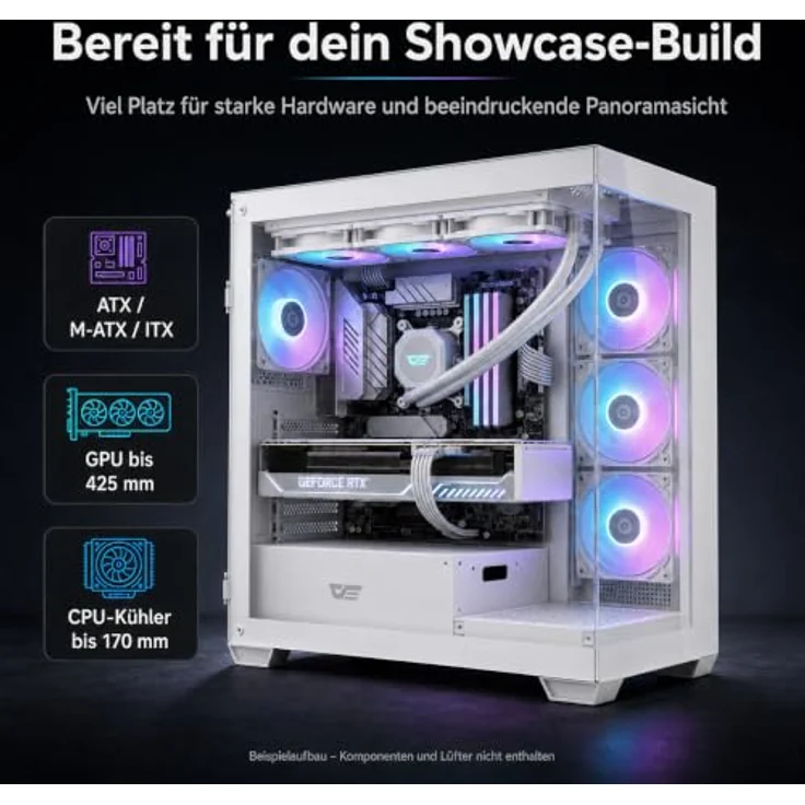 Darkflash Tech DS900 Midi Tower Gehäuse, Weiss, mit doppelt transparenten Glaswänden, Platz für 10 Lüfter und USB Typ C Anschluss – Bild 7