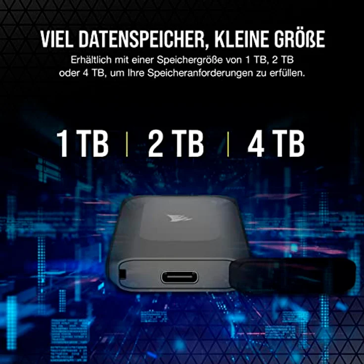 Corsair EX100U 2TB Tragbares USB Type-C-Datenspeicherlaufwerk - Ultraschnellen für jeden PC/Mac/Konsole, Gen2 x2, Plug-and-Play, Lieferumfang enthalten USB Type-C- und USB Type-A-Kabeln - Schwarz – Bild 5
