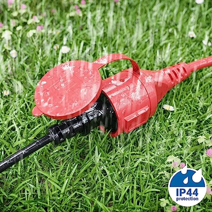 deleyCON 10m Outdoor Verlängerungskabel IP44, witterungsbeständiges Gummi-Stromkabel mit Schutzkontakt Stecker auf Buchse, rot – Bild 5