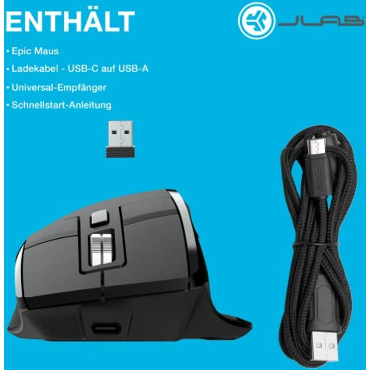 JLab Audio Epic Ergonomische Muis Rechtshandig - Draadloos - Bluetooth - USB (Kabellos), Maus, Schwarz – Bild 8