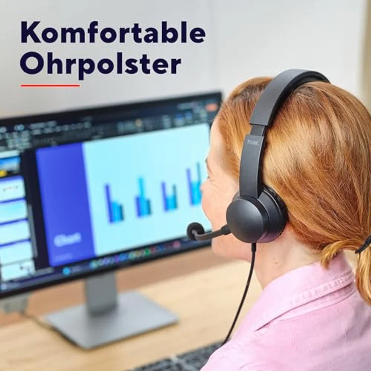 Trust Roha II USB Headset, On-Ear mit Mikrofon, 1,80 m Kabel, leichtes Design für PC, Mac, Skype, Teams, Videokonferenz, Zoom - Schwarz – Bild 3