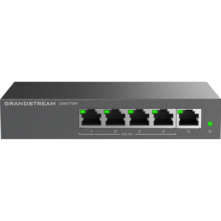 Grandstream GWN-770x (5 Ports) Netzwerk Switch, Schwarz, 5x Gigabit RJ45-Ports, PoE-Budget: 60 Watt