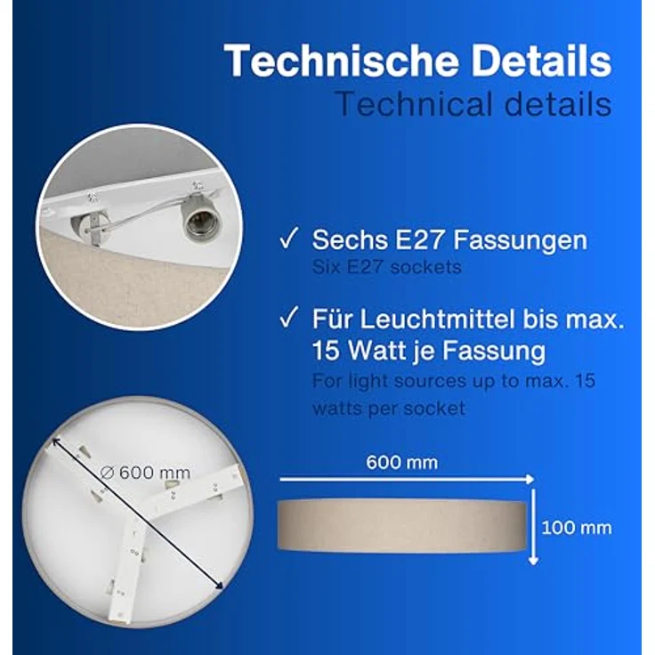 REV Deckenleuchte 60cm mit Stoff-Lampenschirm im Vintage-Look, taupe - ideal für Schlafzimmer & Wohnzimmer – Bild 5