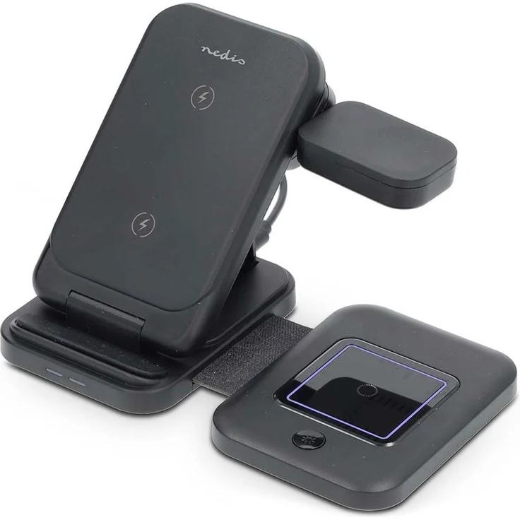Nedis Drahtloses 3-in-1 Ladegerät mit 15 W, LED-Anzeige, faltbar, inkl. USB-A/USB-C Kabel, Schwarz