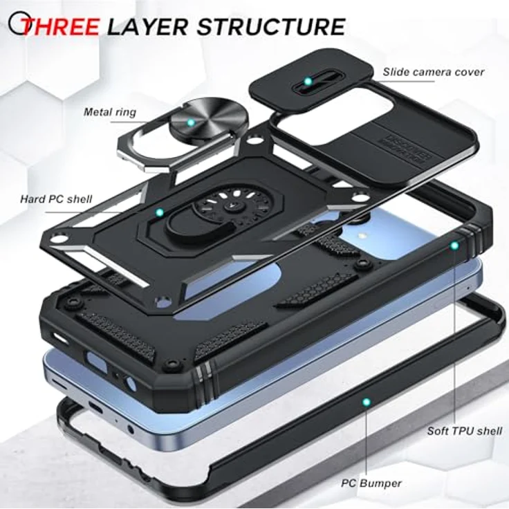 LeYi Kameraschutz Hülle für Samsung Galaxy A15 4G/5G, Hybrid Schiebeabdeckung mit Metall Ring Ständer und 2 Hartglas Schutzfolien, Schwarz – Bild 3