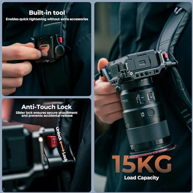 FREEWELL Rucksack-Schnellspannklemme - Universalhalterung für DSLR und spiegellose Kameras, leichter Aluminiumclip mit Dual-Sicherheitsschlössern, bis 15 kg Tragfähigkeit – Bild 4