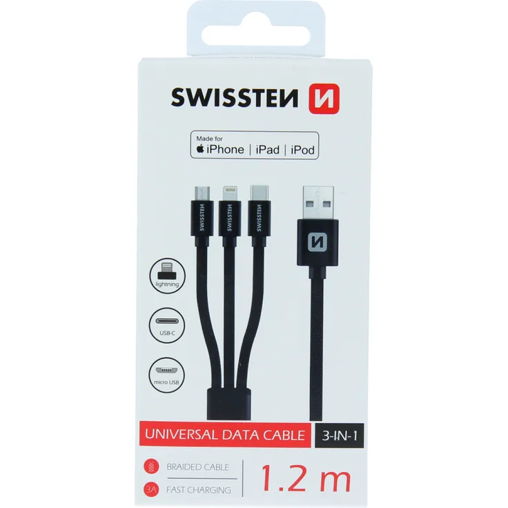 SWISSTEN USB 3v1 Kabel, 1,2 m, MFI-zertifiziert, mit Lightning, microUSB und USB-C, schwarz