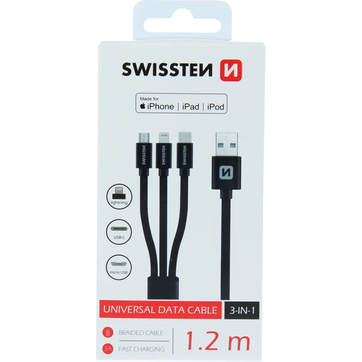 SWISSTEN USB 3v1 Kabel, 1,2 m, MFI-zertifiziert, mit Lightning, microUSB und USB-C, schwarz
