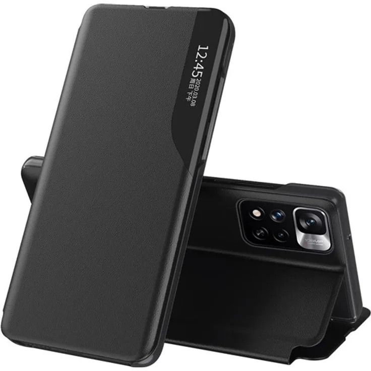 Hurtel Leather View Case für Poco M4 Pro 5G, elegantes Flip Cover mit Standfunktion, schwarz